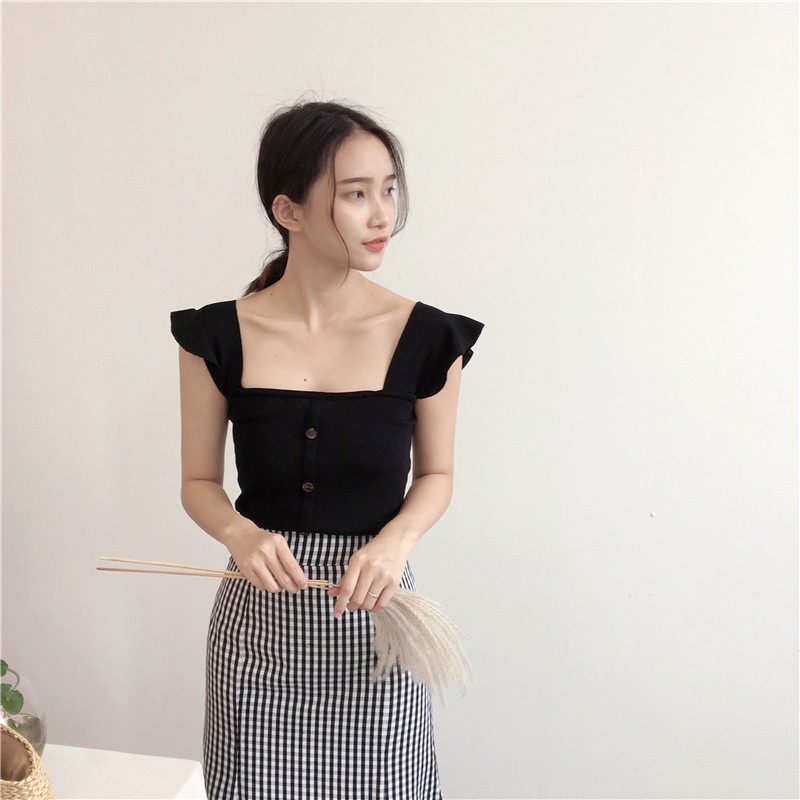 Nicebra Baju Rajut/Tank Top Wanita Square Neck Tank Top Import Style Korea 4054