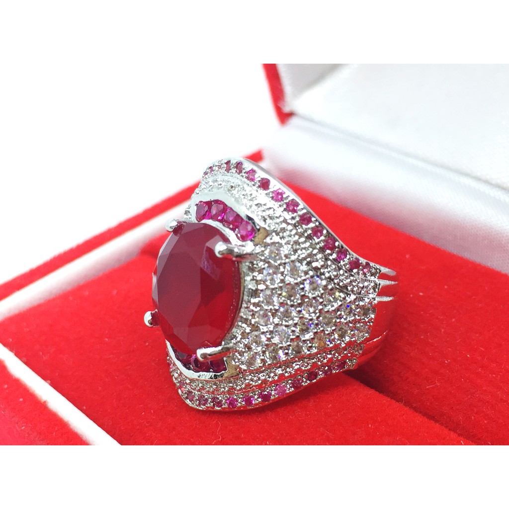 Cincin Lapis Emas Putih Besar Batu Merah Pinggir Fuschia Mewah - BR224