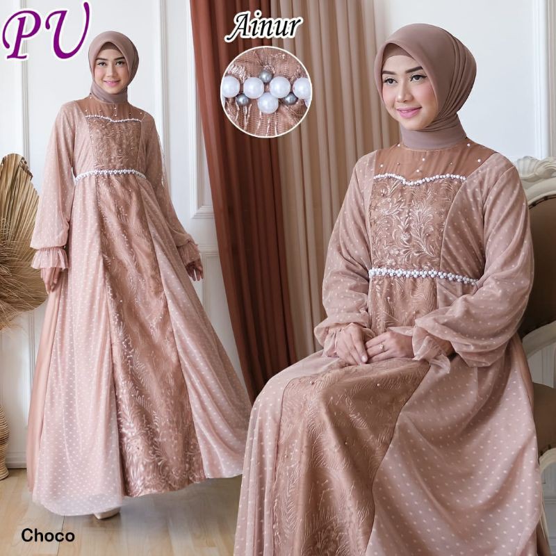 GAMIS PESTA AINUR TULLE HALUS POLKADOT KOMBI BROKAT