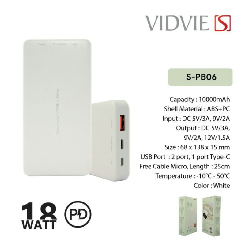 POWER BANK VIDVIE S-PB06 WHITE
