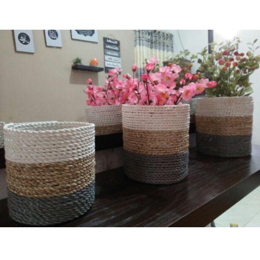 Cover pot seagrass grey abu soft set isi 3 piece / Keranjang Cover Pot Mini Anyaman Triple Dark Grey