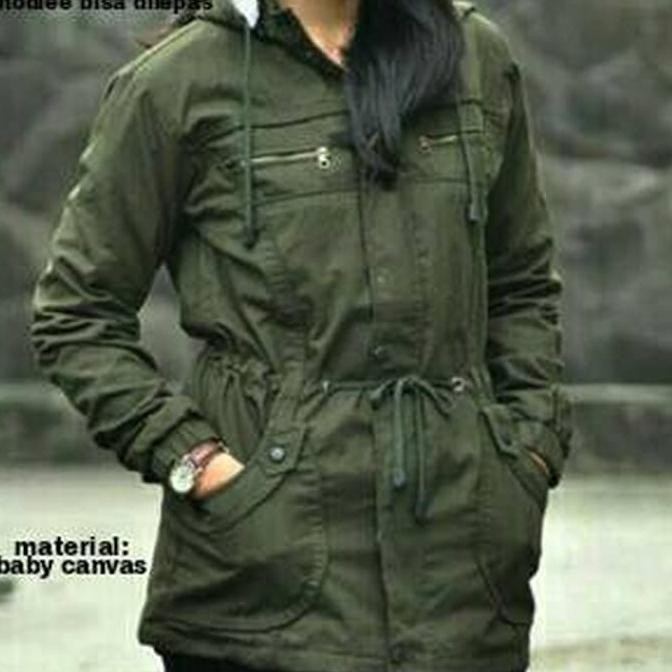 Jaket Parka Canvas Wanita / Cewek Green / Hijau Tua