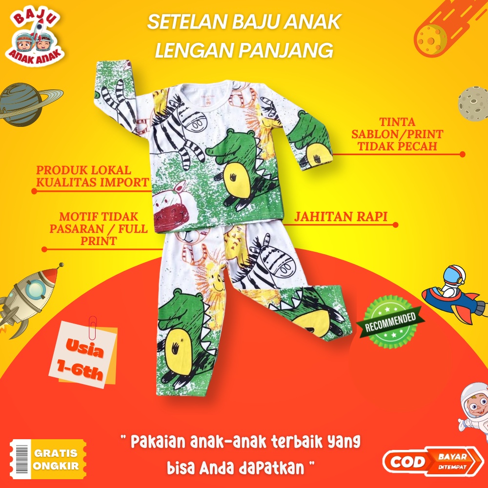 Setelan Baju Kaos Animal Tidur Anak Laki laki Perempuan Lengan Panjang Kualitas Import Terbaru Umur 