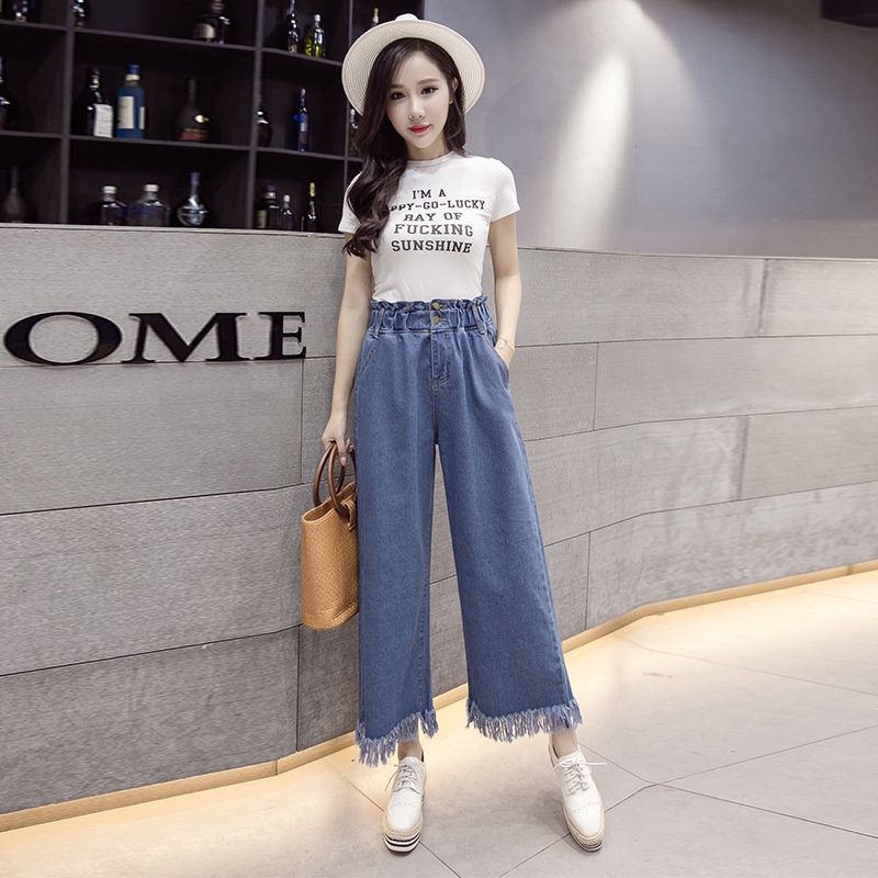 #Sisjuly# Jeans Wanita Sekolahan Pinggang Tinggi Elastis Celana Crop Flare Longgar