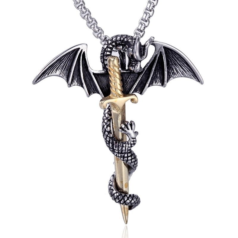 Kalung Liontin Salib Naga Pterosaur Gaya Vintage Gothic Punk Untuk Pria