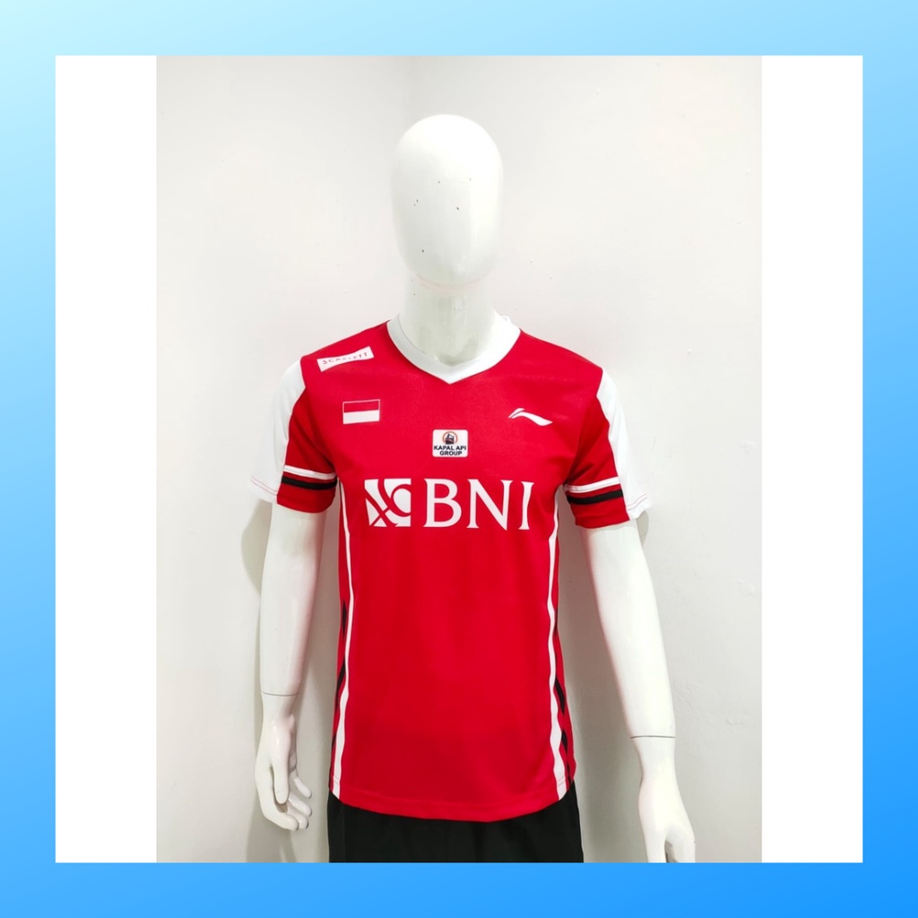 Kaos bulutangkis pria baju badminton atasan jersy wanita dewasa t-shirt outfit seragam kostum jersey olahraga casual suit pakaian jarsey oblong apparel sports jersi sudirman thomas uber cup bulu tangkis L159 merah sponsor