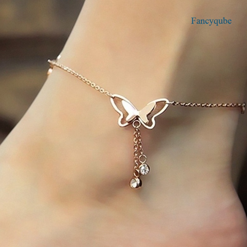 Fancyqube Fancycube Gelang Rantai Kaki Model Hollow Butterfly Rumbai Warna Rose Gold Untuk Musim Panas