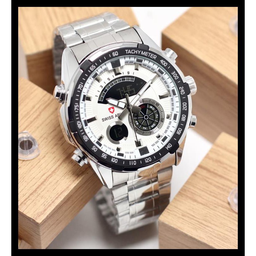 Indh jam tangan SWISS ARMY PRIA DUALTIME TACHYMETER RANTAI STAINLES BIG SALE Kode 789