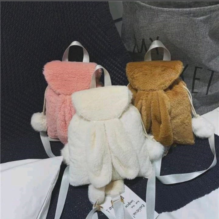 (PB6 SHOP)Tas Ransel Perempuan /Tas Ransel Bulu Lembut/Tas ABG /Tas Ransel Pikaboy _Tas Ransel Wanita_Tas Bulu bisa COD/Ransel Anak Lucu Boneka Pompom Rabbit-Tas Ransel Wanita ini