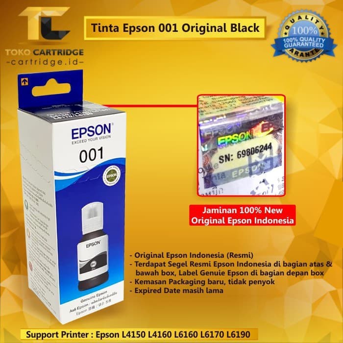 Tinta Epson 001 Black Original Y100 C13T03Y100 Refill Ink Printer L4150 L4160 L6160 L6170 L6190