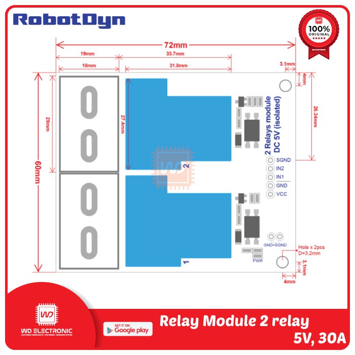 RobotDyn Relay Module 2 relay channel 5V 30A