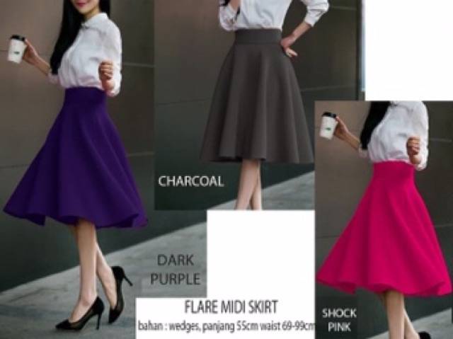 FLARE Midi skirt rok 7per8 rok wedges hitam putih kantor karet