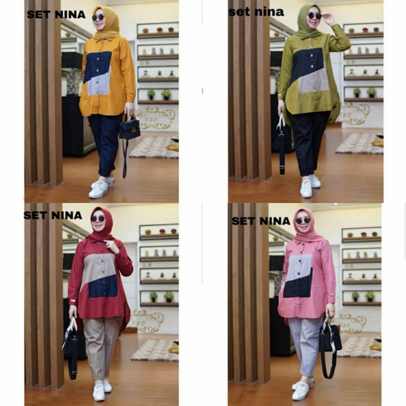 (bisa COD) setelan wanita nina fg / pakaian muslim stelan hijab wanita tunik dan pants jogger