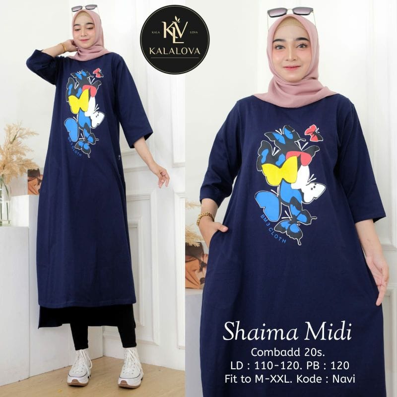 Shaima Midi Dress Muslim Long Dress Jumbo Baju Kaos Wanita Korean Style Ootd Kekinian Matt Combed Aplikasi Sablon