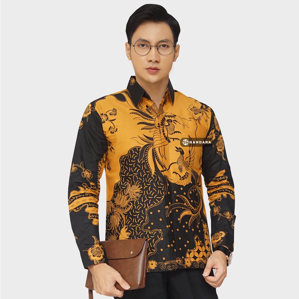 Baju Kemeja Batik Pria Lengan Panjang Slim Fit Premium Modern Full Furing Katun Halus Original Handara Motif Sriti Kasmaran Kuning HB-238