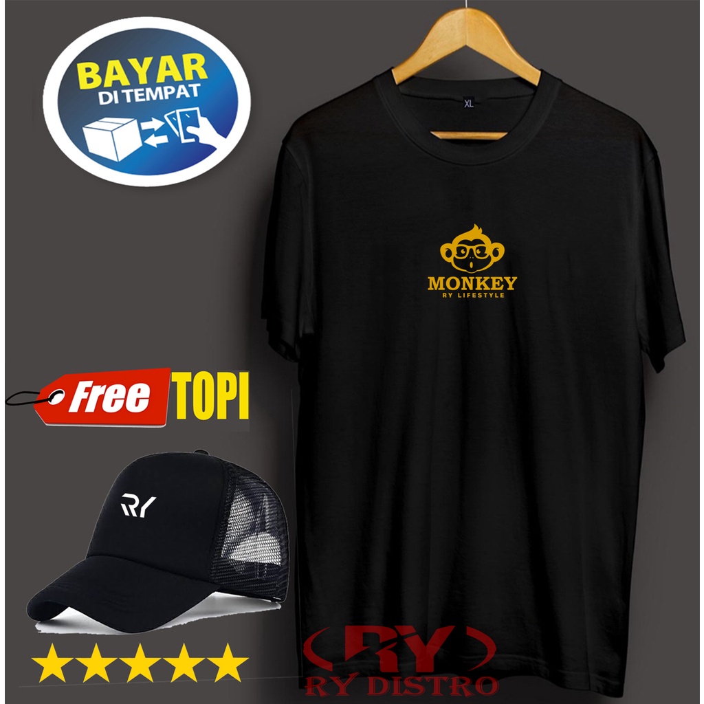 Bonus Topi. Kaos Keren Lengan Pendek MONKEY Motif Gold + Topi Random