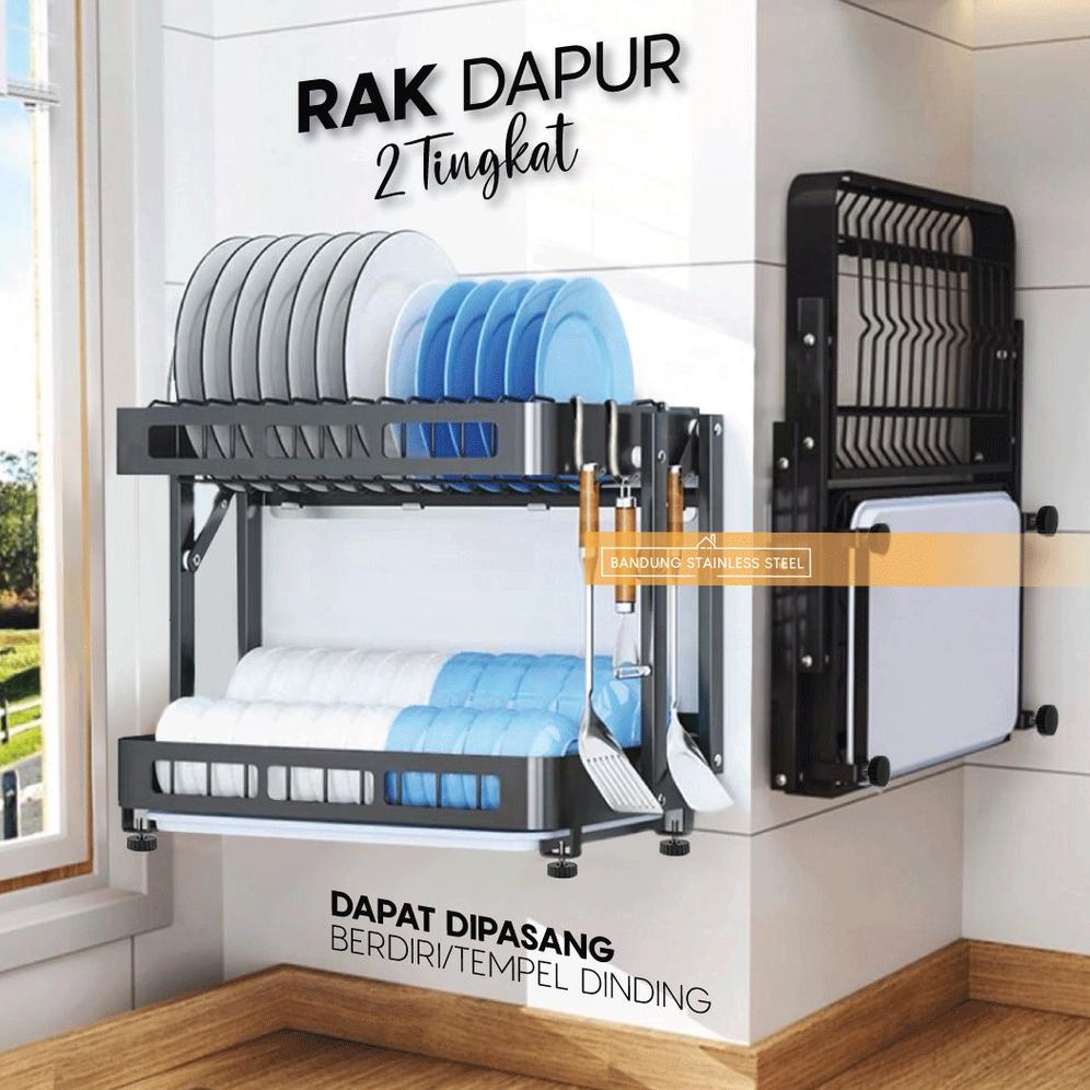 Rak Piring Dapur 2 Tingkat Lipat Gantung Tempel Dinding Kait Sutil Stainless Minimalis Serbaguna