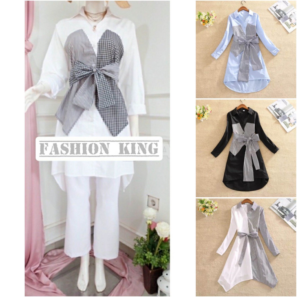 DRESS WANITA FASHION MODEL PITA IKAT PINGGANG KOMBINASI KOTAK SALUR BAHAN KATUN IMPOT