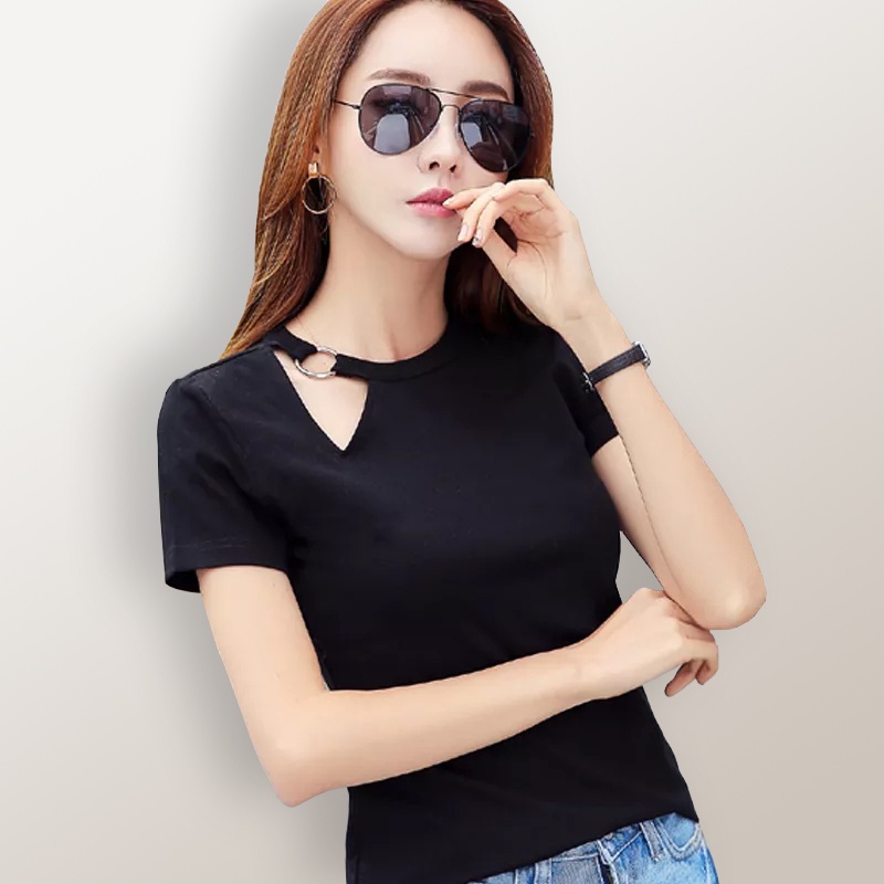 Kaos Lengan pendek wanita Gaya Korea variasi Ring di leher - XSHOP Omila