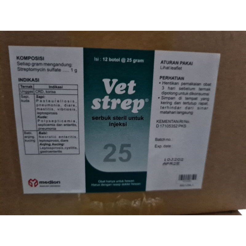 vet strep 25 gr plus alat obat vitamin ayam burung merpati bebek kucing anjing sapi sakit pernafsan percernaan kembung muntah asli ori medion
