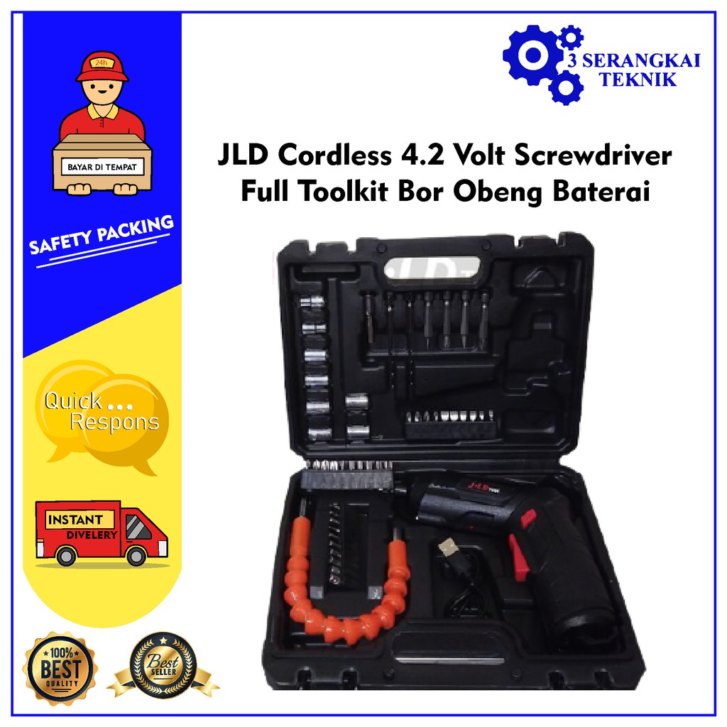 JLD Cordless 4.2 Volt Screwdriver Full Toolkit Bor Obeng Baterai