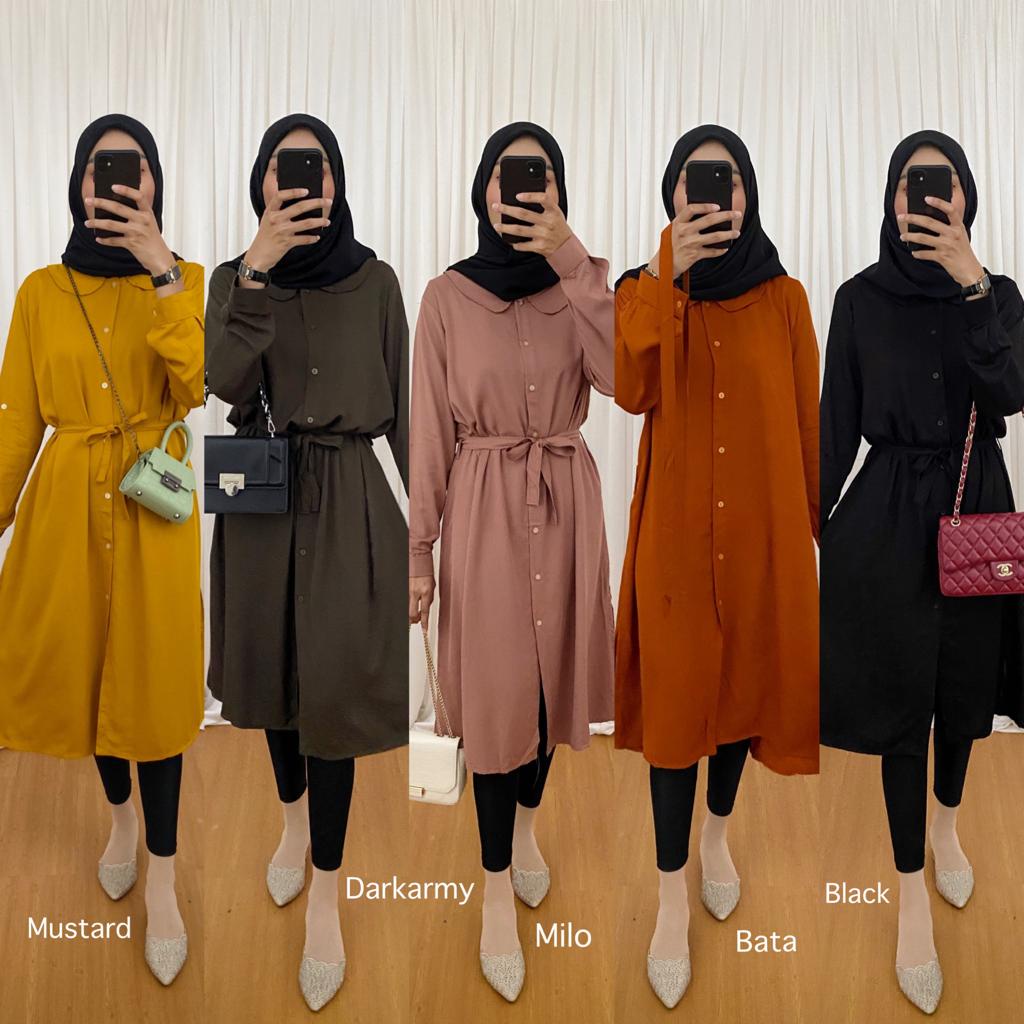 SIMPLE LONG TUNIK KEKINIAN KERAH REBAH MIDI DRESS POLOS BAHAN KATUN COTTON RAYON TWILL BAJU BUSANA A