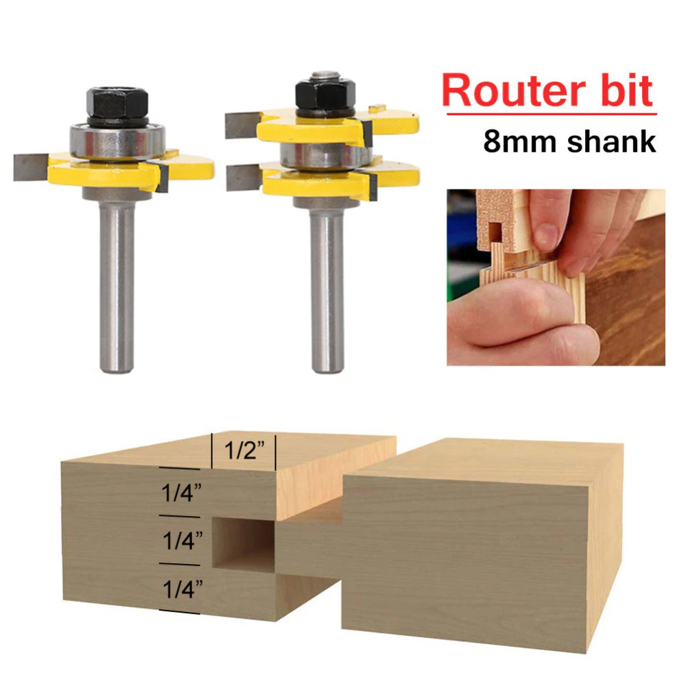 Mata Profil 8mm Sambung Kayu Router Bit Trimmer Router Tongue Groove Joint Assembly C3