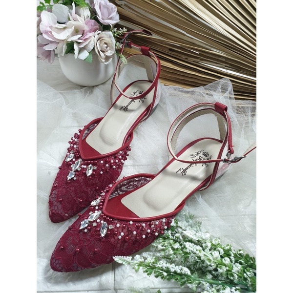 flatshoes merah marron tali jaring