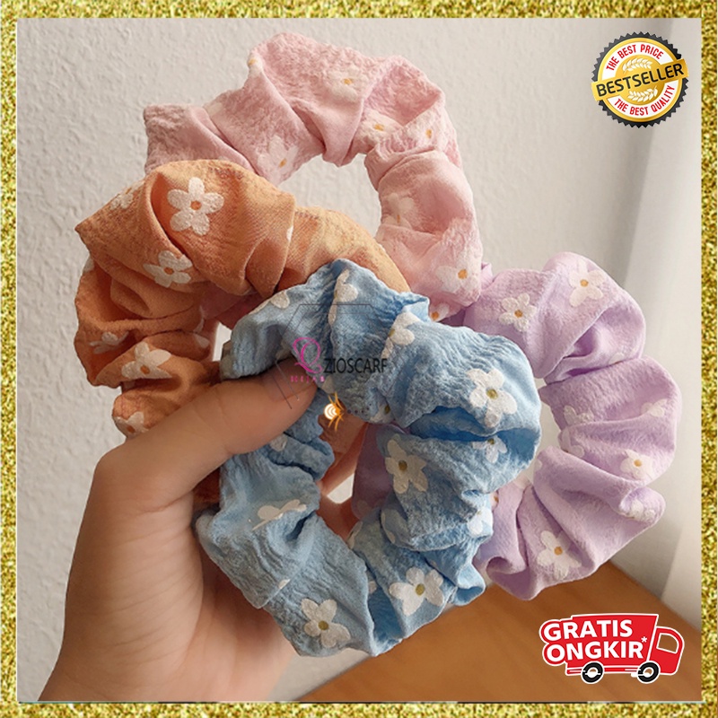 SCRUNCHIE IKAT RAMBUT WANITA KOREA KERUT AKSESORIS RAMBUT MOTIF BUNGA IMPORT AK53