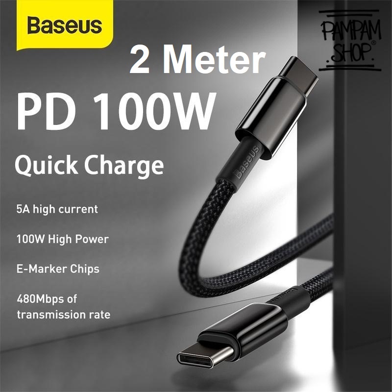 Baseus Original Superior Kabel Data Type C to Type C 100W 5A 2M 2 Meter Super Fast Charging Quick Charge PD 3A Tipe C Charger Casan Ori