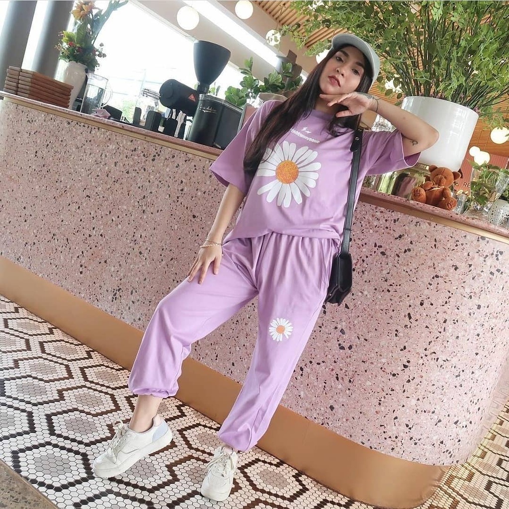 One Set Daisy Kaos Polos Dan Celana Panjang Wanita Bahan Babyterry