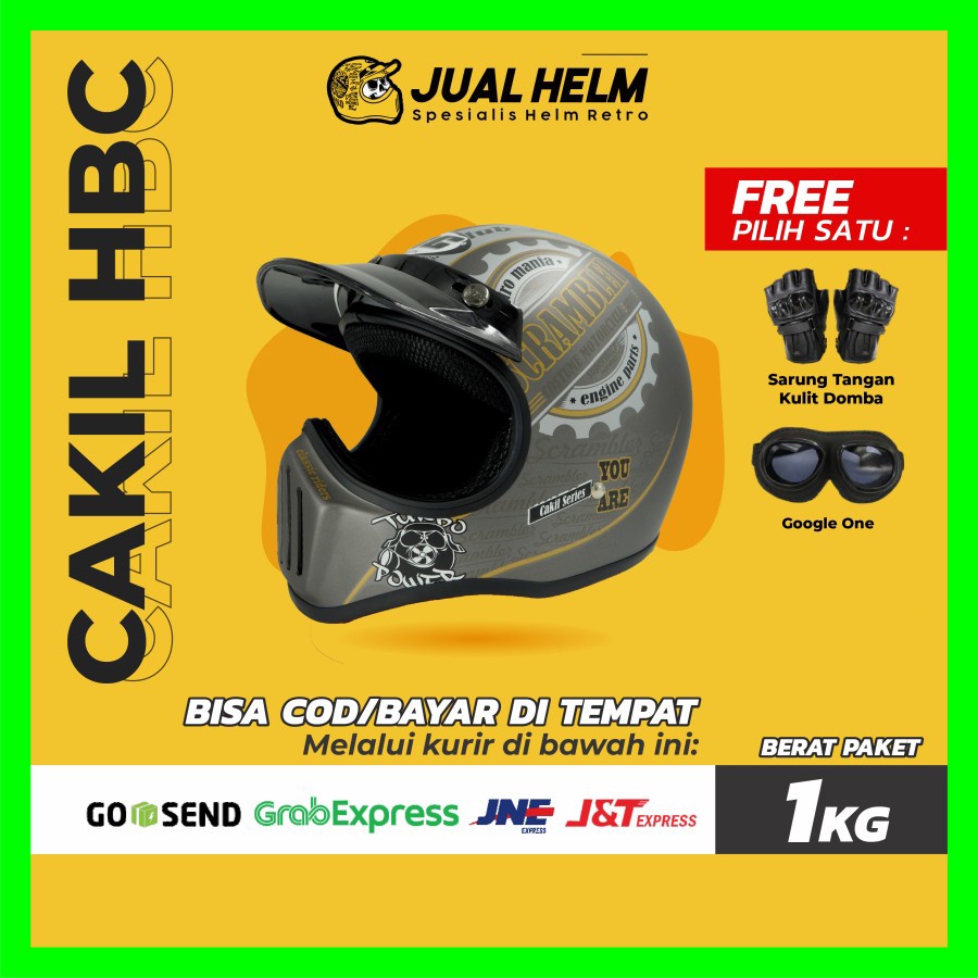 Helm Cakil HBC Scrambler Grey ( Fullface / Retro / Klasik / Vespa )