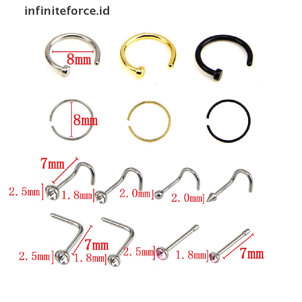 14pcs / Set Cincin Tindik Hidung Bentuk C Aksen Berlian Imitasi Untuk Wanita