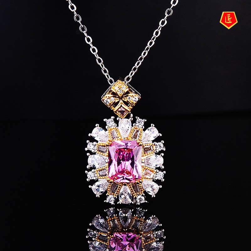 [Ready Stock]Pink Diamond Necklace Women's 18K Gold Luxury Micro Inlaid Pendant Exquisite