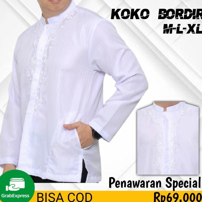 Baju Koko Pria Putih Lengan Panjang Bordir Special Ramadhan Lebaran