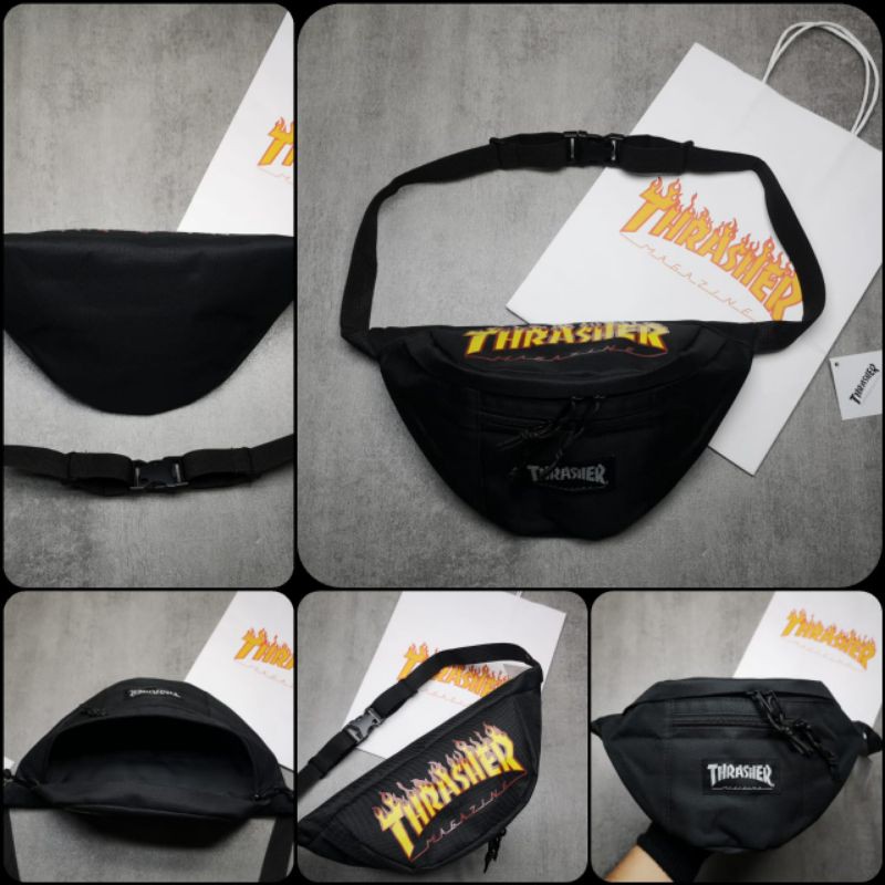 Waistbag Thrasher Flame Logo Waist Bag Black With paperbag tas pinggang pria dan wanita bonus paperbag