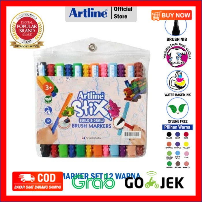 

(BISA COD) SPIDOL ARTLINE DRAWING STIX BRUSH MARKER SET 12 WARNA ETX-F/12WK