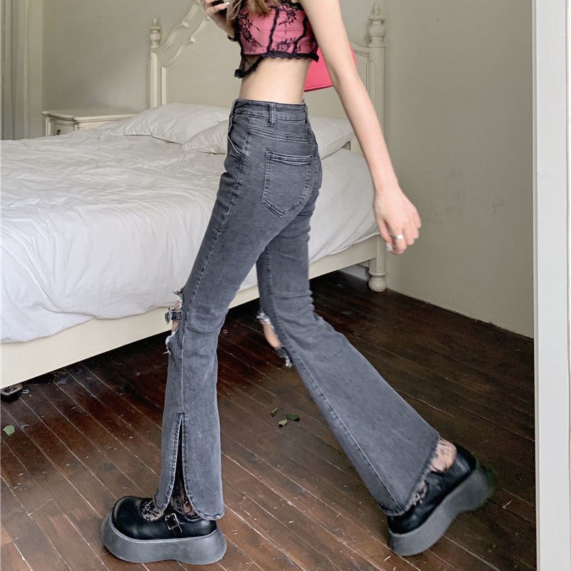 Celana Jeans Robek Wanita Hollow-Out Adjustable Gesper Retro Tinggi Pinggang Slim-Fit Lurus Celana C