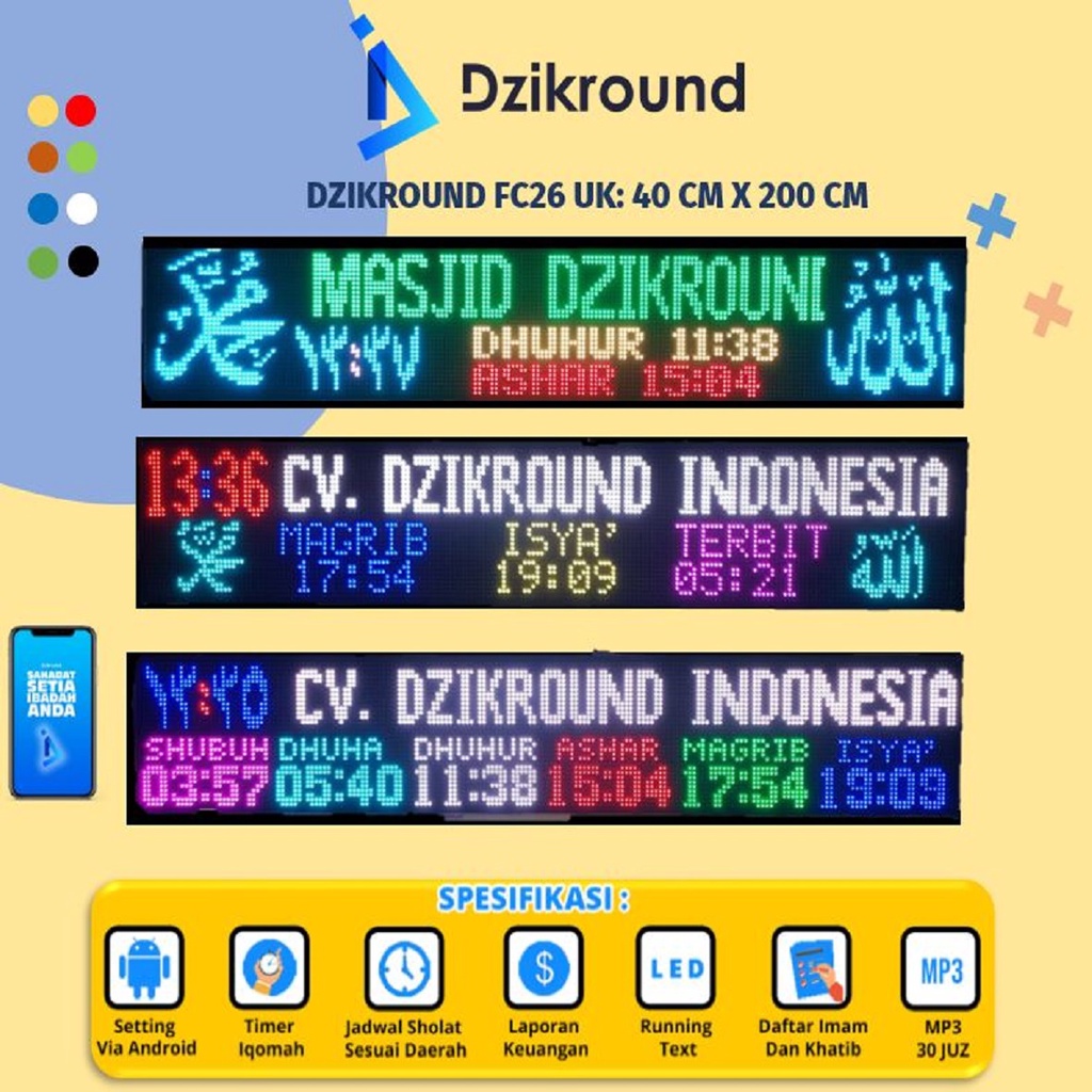DZIKROUND FC26 Jam Digital Jadwal Sholat masjid Ukuran 40cmx200cm