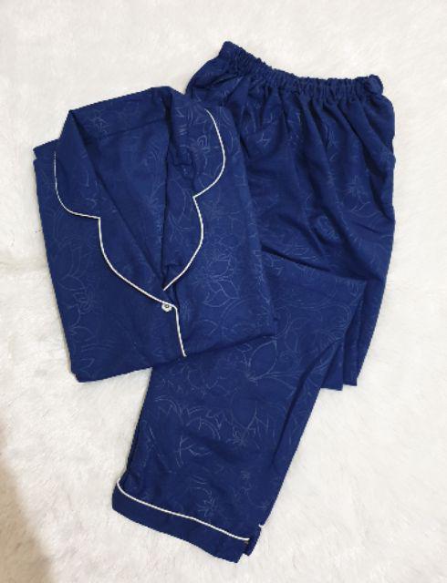 Baju Tidur Piyama Pajamas Wanita/Cewek Satin Silky Velvet Cantik Simple Wanita Dewasa Full Kancing-CP EMBOS NAVY