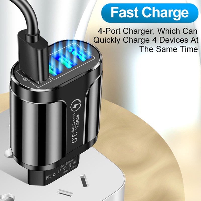 Adapter Charger Dinding 4 Port USB QC 3.0 Fast Charging Plug EU / US Portable Untuk Android / Travel