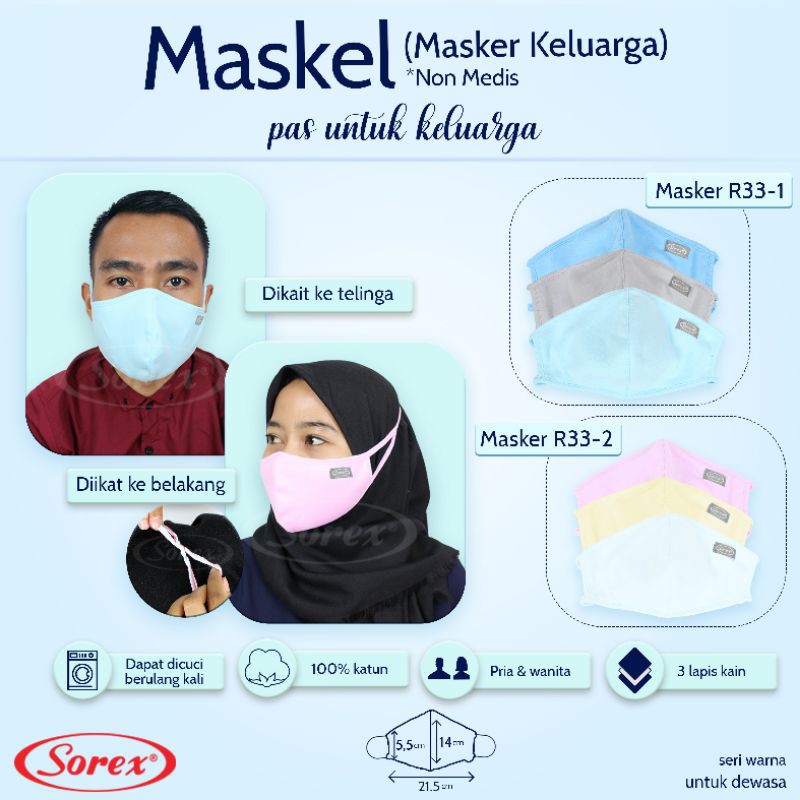 Masker Non Medis Sorex 100% Katun 2 Lapis Kain,Pria dan Wanita