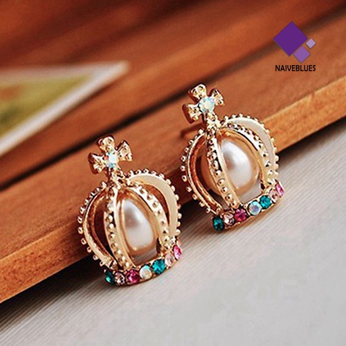 Anting Stud Desain Mahkota Princess Warna-Warni Aksen Mutiara Berlian Imitasi