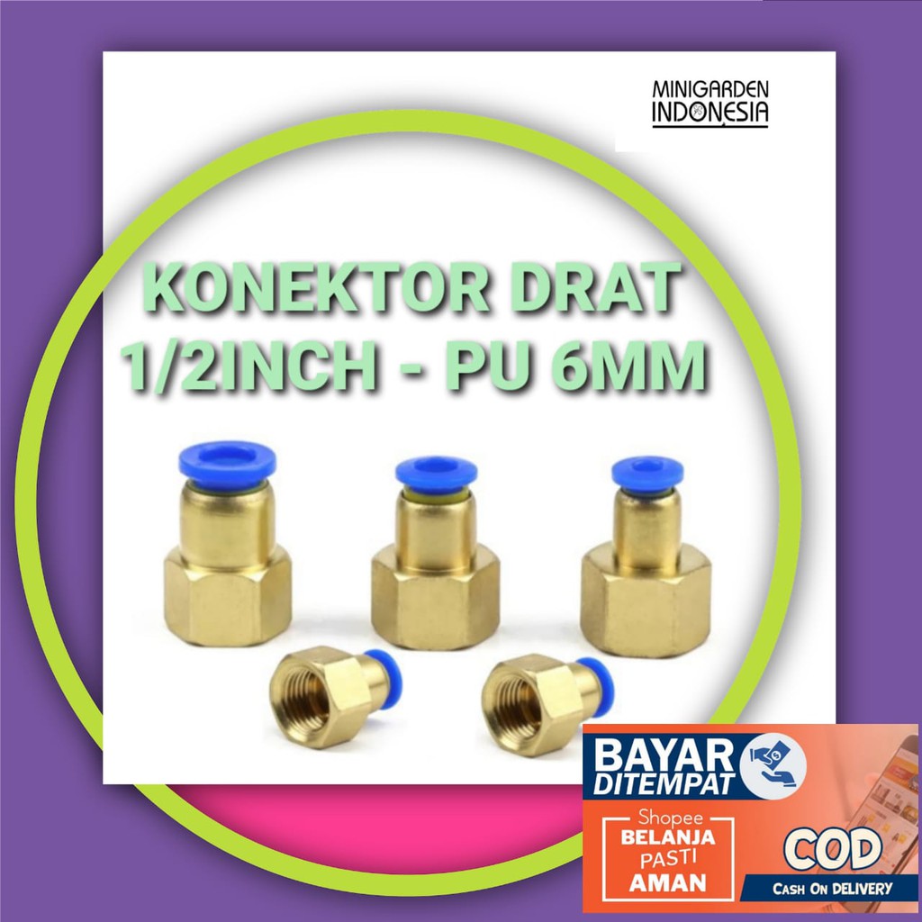 KONEKTOR POMPA DC DRAT 1/2 INCH KE SELANG PU 6MM KUNINGAN Sambungan Slip Lock nepel tembaga irigasi