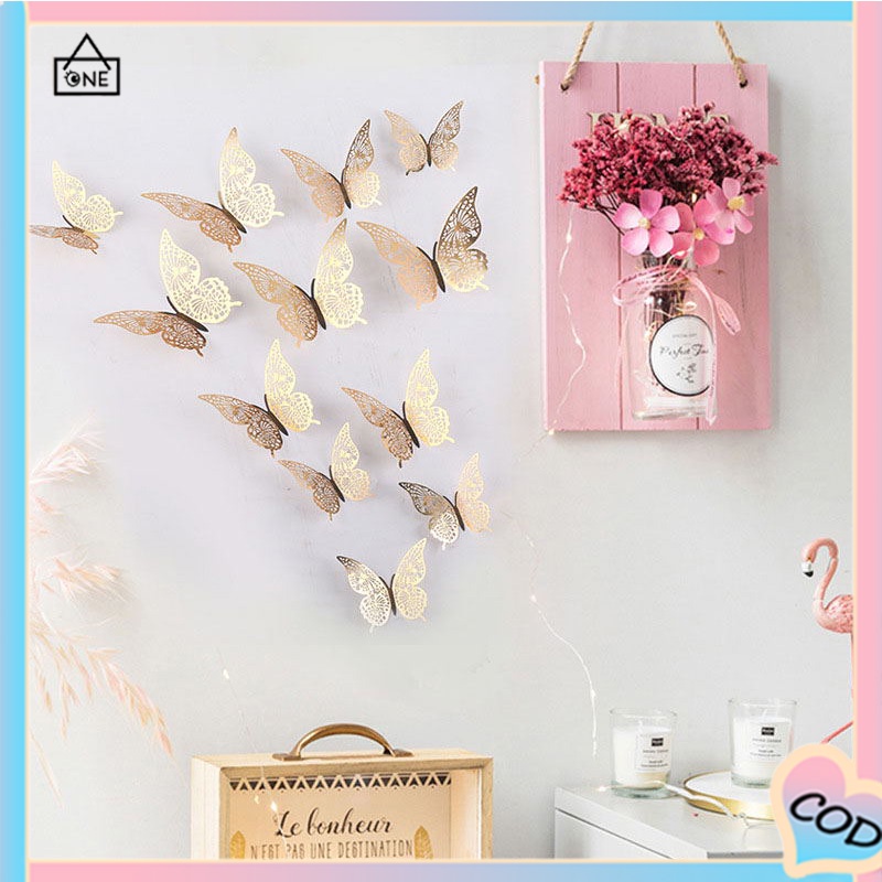 COD❤️12pcs Sticker Butterfly 3D Kupu-kupu Dekorasi Dinding Aesthetic Emas Bunga Decor Hiasan Mahar Rustic Dekorasi Wall Sticker