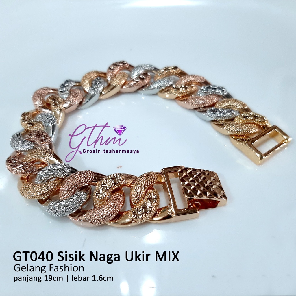 Gelang Tangan Sisik Naga Ukir Kombinasi Gold-Silver Perhiasan Fashion Import Kualitas Premium GT040