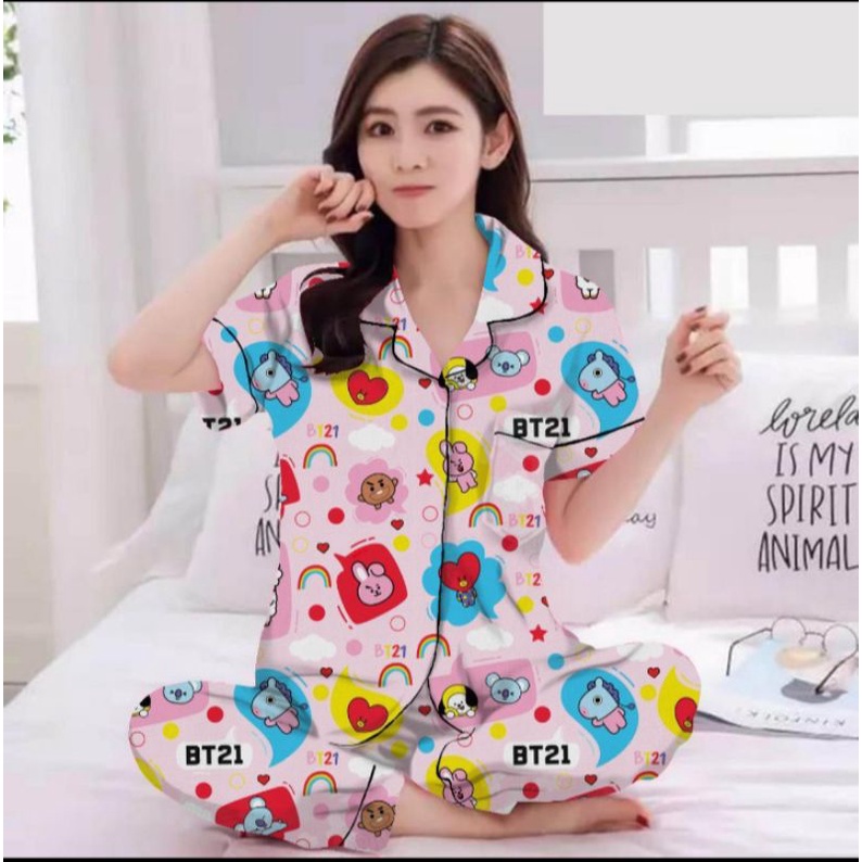 BAJU TIDUR/ BAJU PIYAMA DEWASA MOTIF BT21/BTS BAHAN KATUN