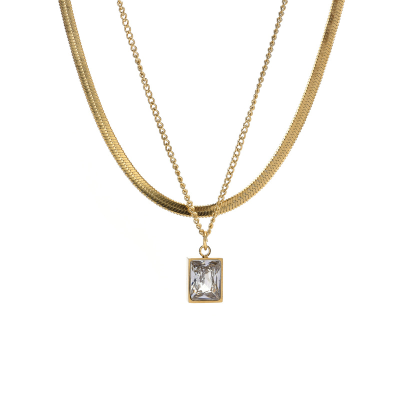 Kalung Rantai Model Ular Lapis Ganda Bahan Titanium Steel 18k Hias Berlian Gaya Korea