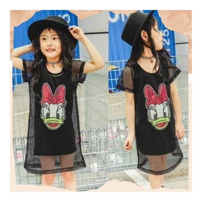 Dress Donald Duck Daisy Anak Perempuan Gaun Anak Warna Hitam Karakter Kartun Baju Impor Anak Cewek
