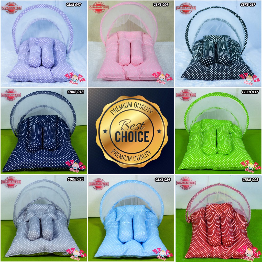 tempat tidur bayi | kasur bayi kelambu motif polkadot | kelambu bayi | paket perlengkapan bayi lucu